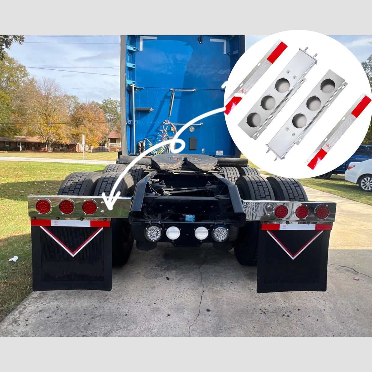30“ long Stainless Steel Mud Flap Hanger Rear Bar with Light Cutouts 2.5" Bolt Spacing,Spring Loaded with Reflective Plate