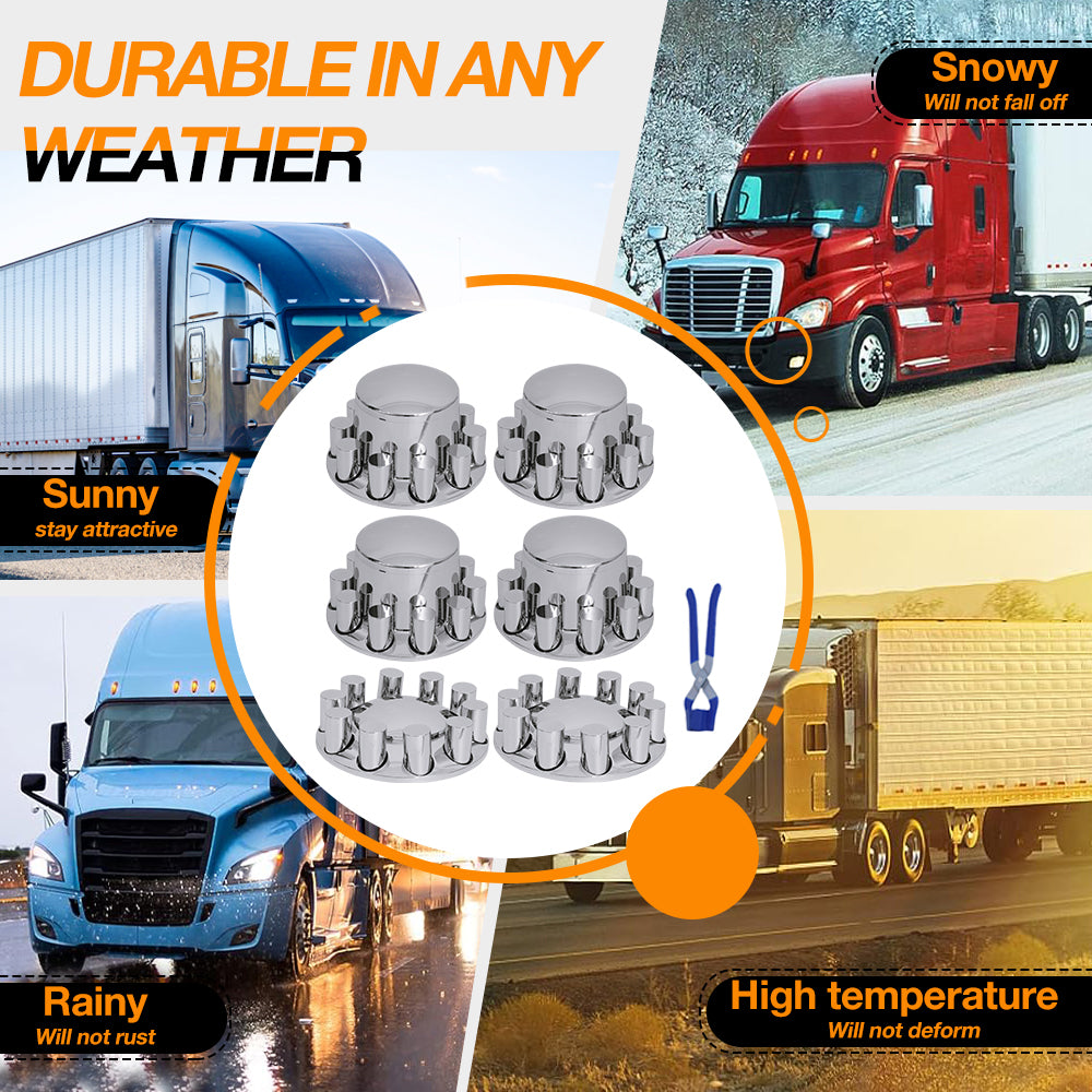 Semi-Truck Axle Wheel Covers - Includes 2 front wheel covers and 4 rear wheel covers, equipped with 33mm cylindrical threaded hub nut covers