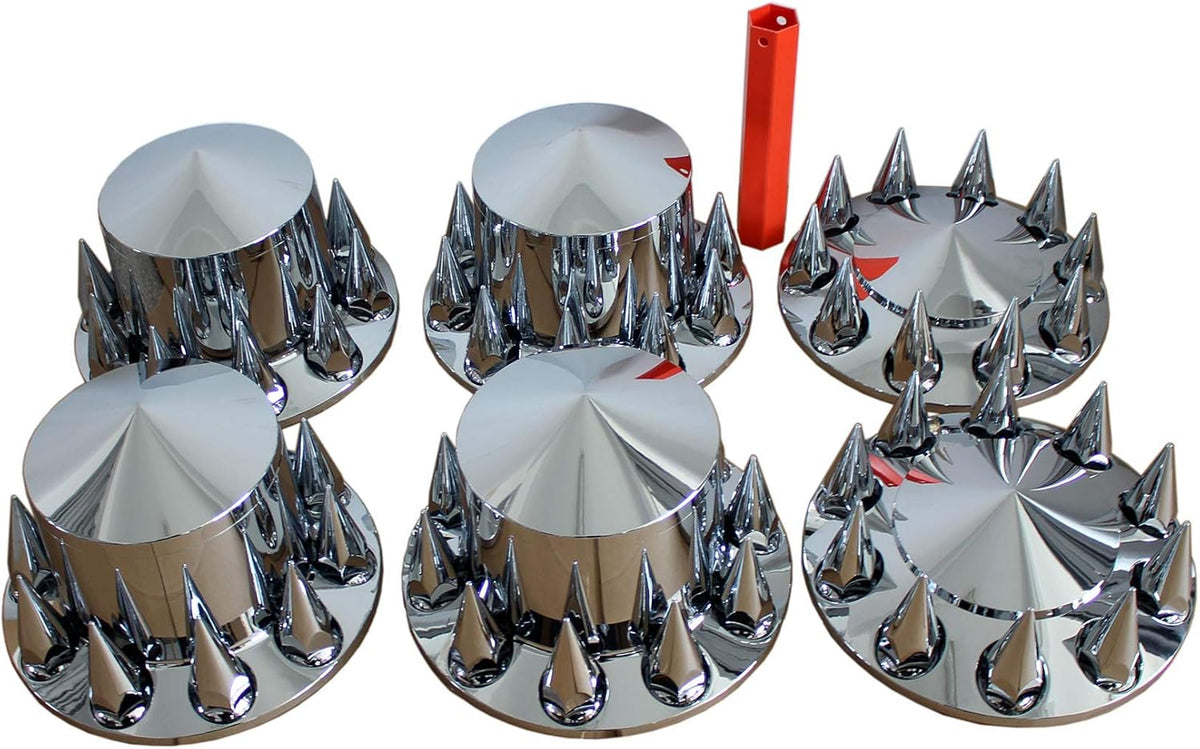 Spiked Chrome ABS Complete Axle Covers Kit Hubcaps with 60 Pieces 33mm Thread on Lug Nut Covers for Semi Trucks