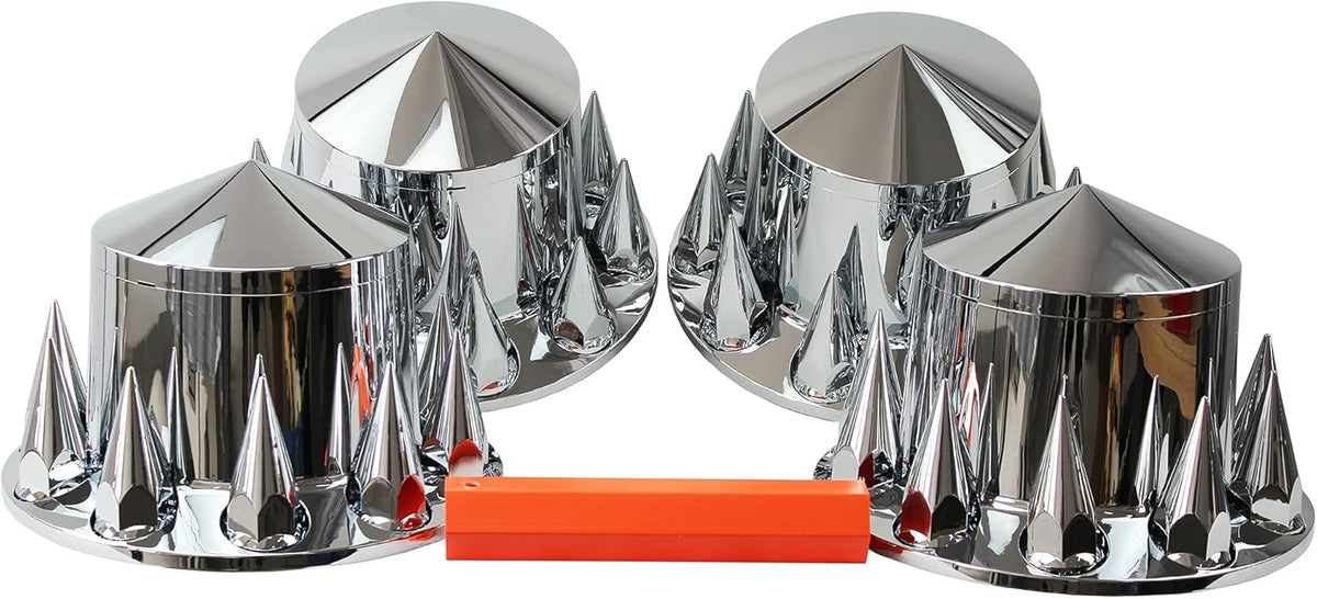 Chrome ABS Complete Axle Cover Set with Hub Caps and 33mm Screw-On Spiked Lug Nut Covers for Semi Trucks (4 Rear)