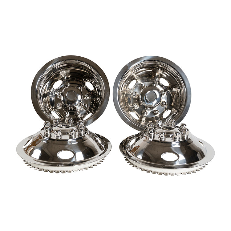 16" Stainless Steel Wheel Simulator Set 8 Lugs 4 Vent Holes For 1974-2000 Chevy GMC 3500; 1974-1998 Ford F350; 2008-2021 Ford E350/E450 Van; 1974-1999 Dodge Ram 3500