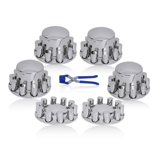 Semi-Truck Axle Wheel Covers - Includes 2 front wheel covers and 4 rear wheel covers, equipped with 33mm cylindrical threaded hub nut covers