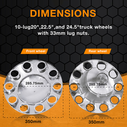 Semi-Truck Axle Wheel Covers - Includes 2 front wheel covers and 4 rear wheel covers, equipped with 33mm cylindrical threaded hub nut covers