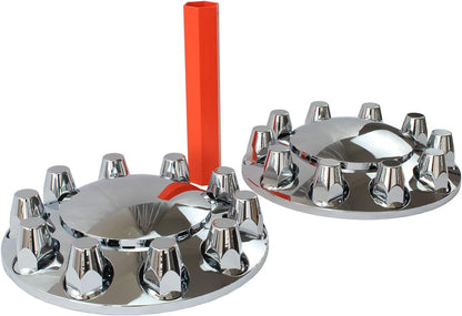 Chrome ABS Complete Axle Cover Set with Standard Hub Caps and 33mm Screw-On Lug Nut Covers for Semi Trucks (2 Front)