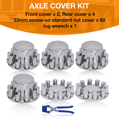 Semi-Truck Axle Wheel Covers - Includes 2 front wheel covers and 4 rear wheel covers, equipped with 33mm cylindrical threaded hub nut covers