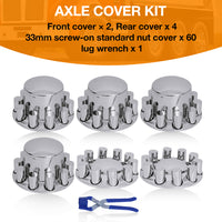Semi-Truck Axle Wheel Covers - Includes 2 front wheel covers and 4 rear wheel covers, equipped with 33mm cylindrical threaded hub nut covers