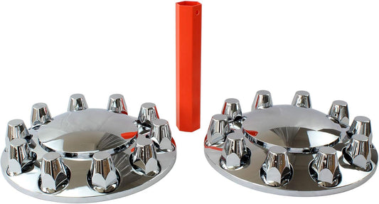 Chrome ABS Complete Axle Cover Set with Standard Hub Caps and 33mm Screw-On Lug Nut Covers for Semi Trucks (2 Front)