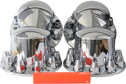 Chrome ABS Complete Axle Cover Set with Standard Hub Caps and 33mm Screw-On Lug Nut Covers for Semi Trucks (4 Rear)