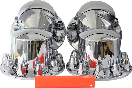 Chrome ABS Complete Axle Cover Set with Standard Hub Caps and 33mm Screw-On Lug Nut Covers for Semi Trucks (4 Rear)