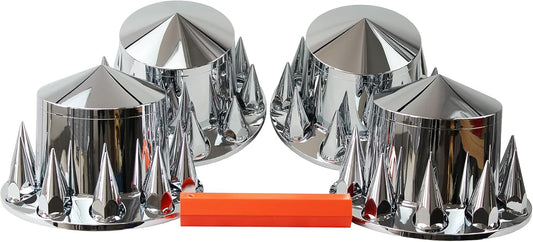 Chrome ABS Complete Axle Cover Set with Hub Caps and 33mm Screw-On Spiked Lug Nut Covers for Semi Trucks (4 Rear)