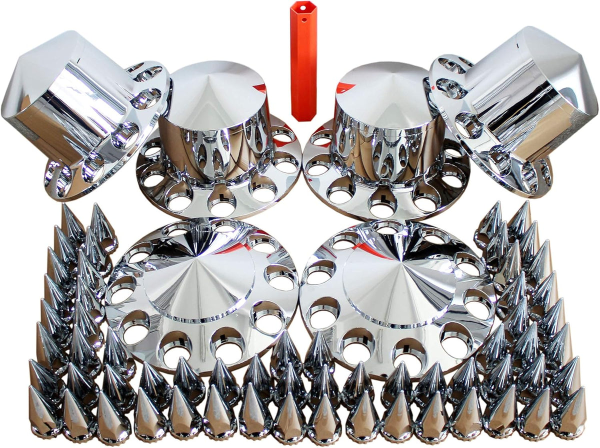 Spiked Chrome ABS Complete Axle Covers Kit Hubcaps with 60 Pieces 33mm Thread on Lug Nut Covers for Semi Trucks